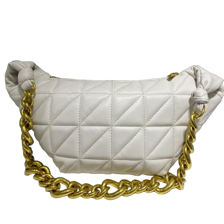 White quilted handbag with a gold chain strap on a white background